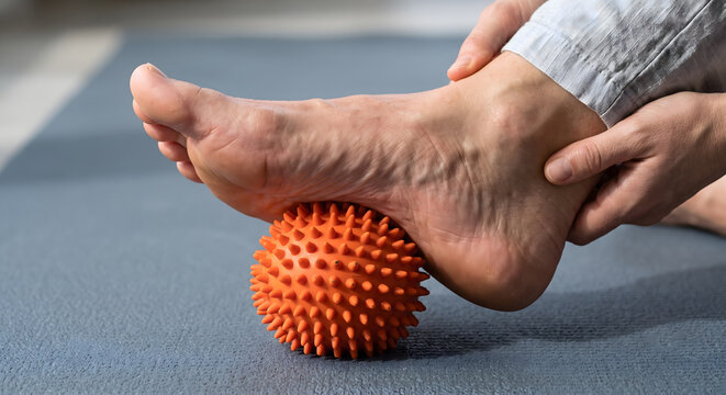 A person massaging foot with spiky massage ball, concept of self care and physiotherapy.