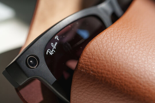 Dusseldorf, Germany - July 9 2026: Close up of the Ray-Ban Meta Wayfarer camera integrated into the smart glasses frame
