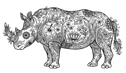 Hand Drawn Rhinoceros Illustration with Floral Zentangle Patterns Decorative Wildlife Animal Artwork Design © Keyapayal