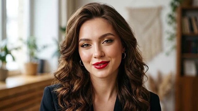 Woman smiles with eyes closed in cozy indoor setting