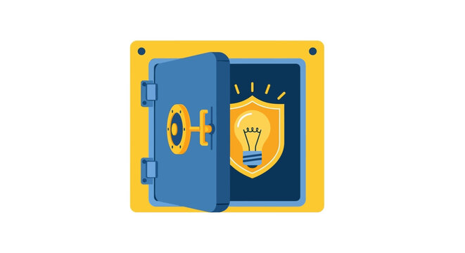 Intellectual Property Protection and Innovation Security Concept. Open Vault with Lightbulb on a Shield. Flat Vector Illustration for Patent Law and Creative Assets.
