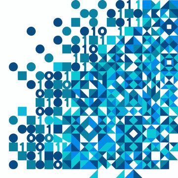 Abstract blue digital pattern with geometric shapes and binary code