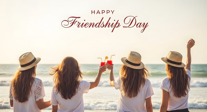 Four women toasting cocktails on beach for friendship day celebration