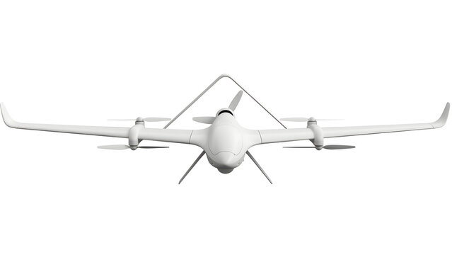 Modern white VTOL unmanned aerial vehicle featuring fixed wing design with electric vertical takeoff and landing rotors for advanced flight