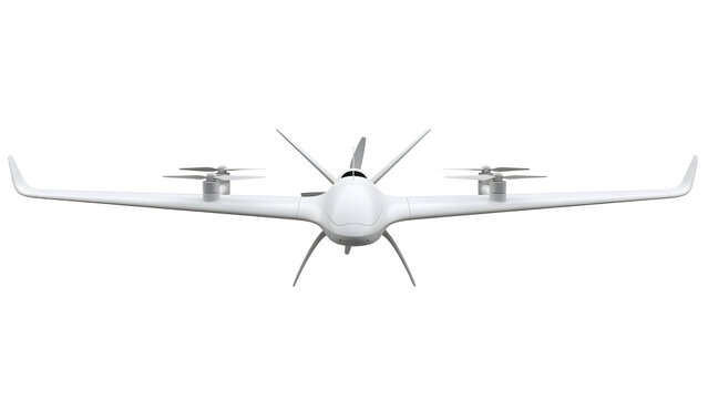 Front View of an Advanced White VTOL Hybrid Unmanned Aerial Vehicle Designed for Efficient Autonomous Surveillance and Long Range Cargo Delivery
