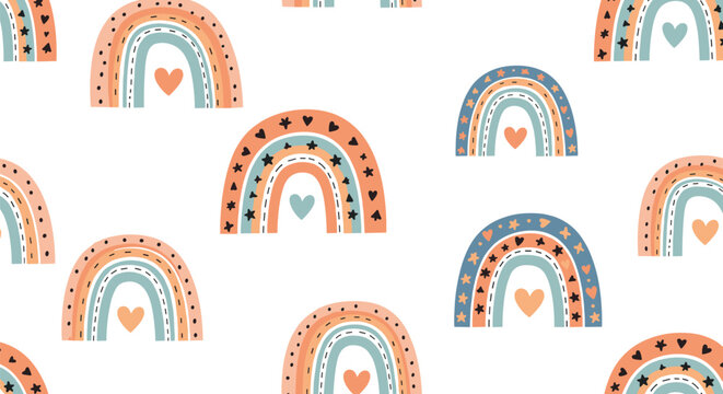 Cute seamless pattern of colorful boho rainbows and hearts on a white background suitable for children clothing or nursery decor.
