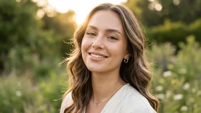 Young woman smiling outdoors in golden sunlight with soft background