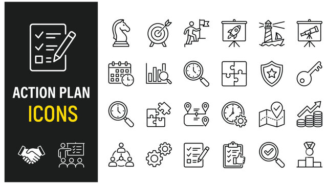 Action plan web icon set in line style. Schedule, plan, implementation, strategy, analysis, collaboration, check, collection. Vector illustration.
