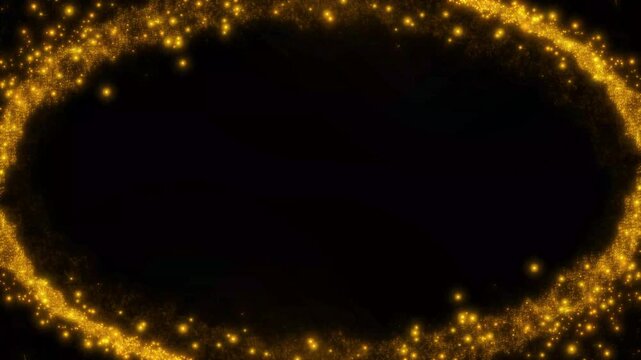 Luxury glowing gold particles oval moving smoothly on magic sparkling bokeh effect, abstract magical golden glitter ellipse border overlay, shiny golden glitter dust line for black screen. 4k video