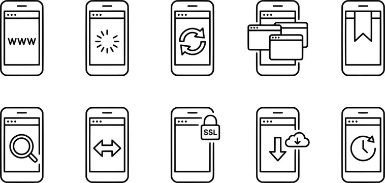 Smartphone app interface silhouettes collection, mobile browsing icons, secure SSL connection illustration, digital technology design, minimalist black vector artwork