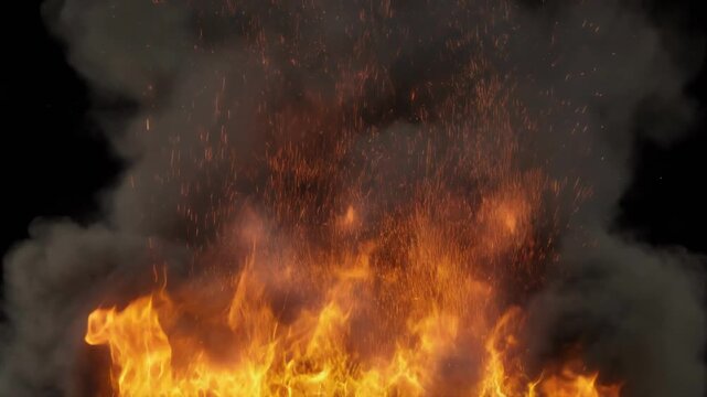 Intense fire and smoke elements rising and growing with glowing embers during a cinematic slow motion sequence