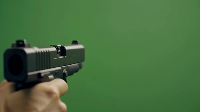 Hand holding pistol with tactical light firing during action sequence against green screen for cinematic productions