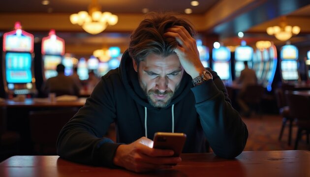 Worried man sits inside casino looking at smartphone screen. Male gambler experiences deep stress, financial ruin with head in hands. Person feels hopelessness, desperation using mobile tech phone