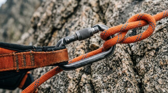 Climbing Rope and Carabiner Connected to Rock