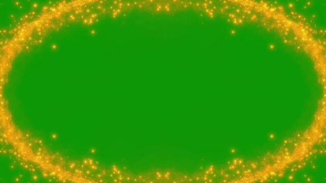 Shiny golden glitter particle oval border animation with glowing bokeh effect, glittering stars line glowing sparkle trail animation, abstract luxury ellipse frame overlay for green screen. 4k video