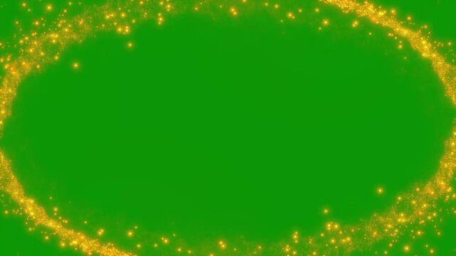 Luxury glowing gold particles oval moving smoothly on magic sparkling bokeh effect, abstract magical golden glitter ellipse border overlay, shiny golden glitter dust line for green screen. 4k video