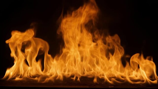 Intense orange flames dancing in a continuous horizontal line against a deep black background with cinematic motion