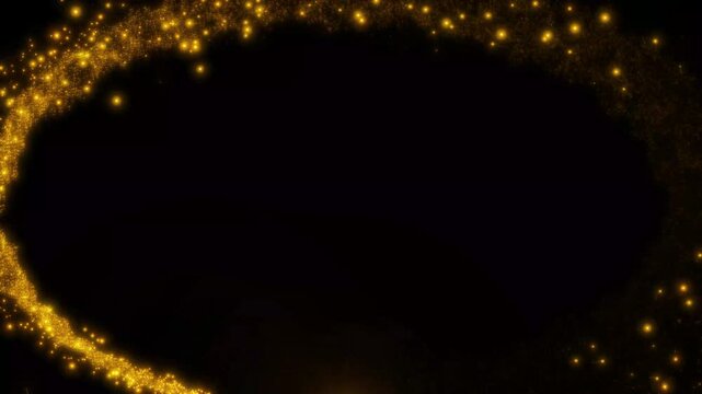 Elegant glowing gold sparkle oval animation with magical bokeh lights, abstract golden glitter ellipse frame overlay, twinkling glitter stars line, luxury particle border for black screen editing. 4k