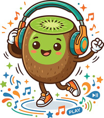 Naklejka premium Vector illustration of a cute kiwi fruit character dancing while wearing headphones and listening to music with headphones listening character enjoyment illustration colorful tropical lifestyle