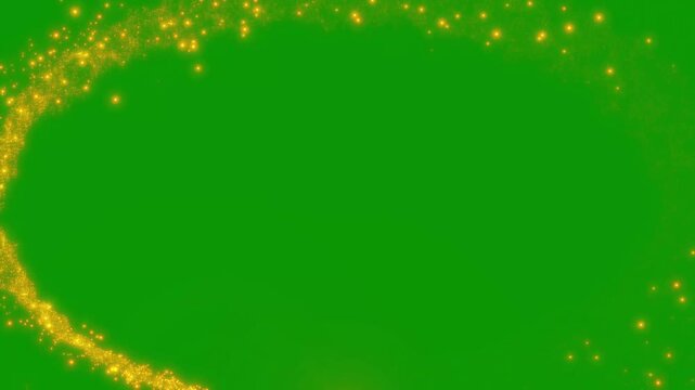 Elegant glowing gold sparkle oval animation with magical bokeh lights, abstract golden glitter ellipse frame overlay, twinkling glitter stars line, luxury particle border for green screen editing. 4k