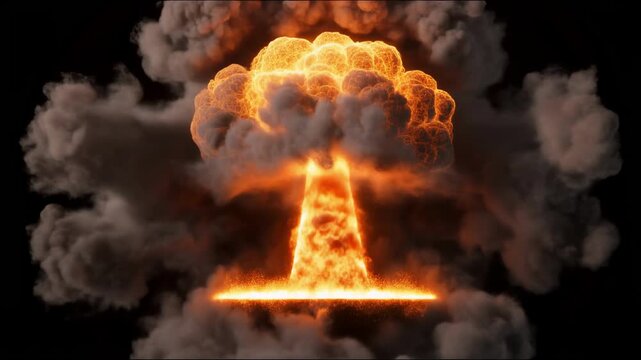 Nuclear explosion expansion and mushroom cloud formation in dramatic fiery glow against dark background