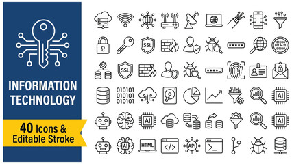 Fototapeta premium Information Technology web icon set in line style. Network, web design, website, computer, software, progress, programming, data, internet, collection. Editable stroke. Vector illustration. 