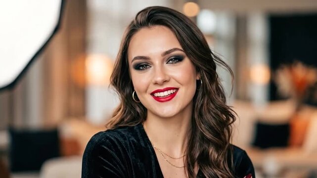 Beautiful woman with red lips smiling confidently in elegant indoor setting