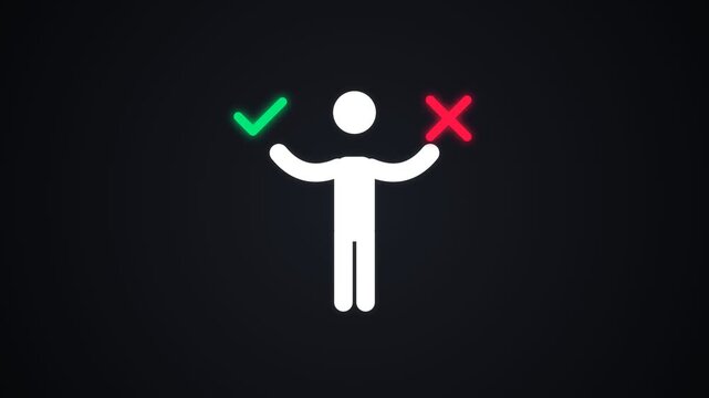Stick figure making a choice between right and wrong options. 4K Video