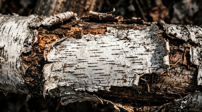 Birch bark displays rough textures and white peeling layers on a fallen tree log.