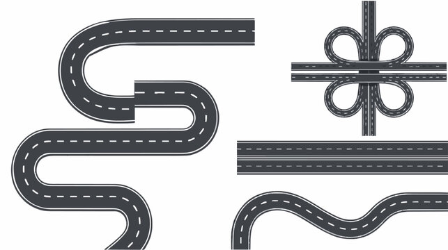 Winding Roads Flat Vector Collection with S Curve, Cloverleaf Interchange and Serpentine Highway Top View