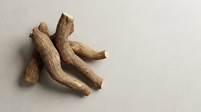 Raw dried pieces of butea superba roots displayed on a plain light grey surface representing natural traditional herbal medicine and botanical supplements