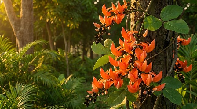 Vibrant orange flowers of butea superba blooming on a tree trunk in a lush tropical forest landscape during the golden hour in natural wilderness setting