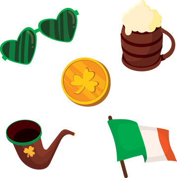 St. Patrick's Day Accessories Collection with Glasses, Coin, Beer and Irish Flag