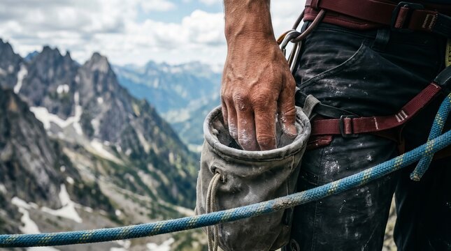 Climber Reaching for Chalk Bag with Mountain Vista