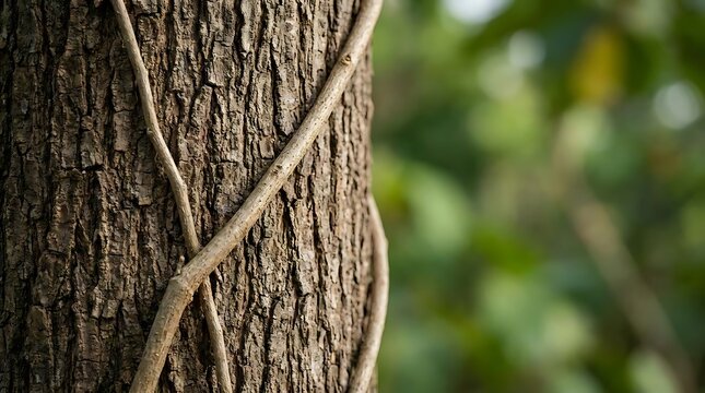 A close-up view of the rugged bark of a Butea superba tree trunk with a slender vine twisting around the textured surface in a serene natural forest setting