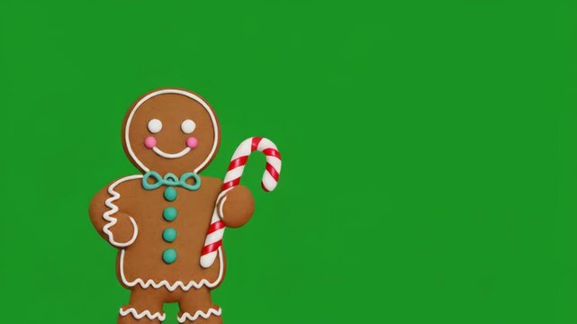 Gingerbread Man waving candy cane on green screen seamless loop for holiday greetings