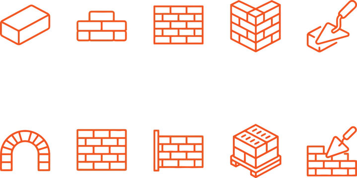 Editable thin line icons of bricks and masonry tools for construction and building design.