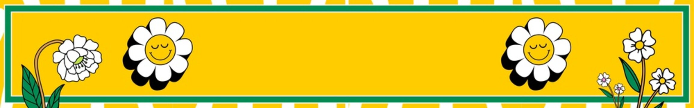 Retro daisy flower banner, yellow floral border, spring web header