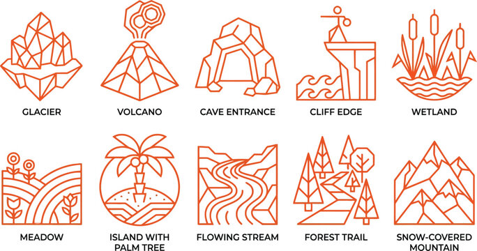 Natural environment icon collection featuring glaciers, volcanoes, and scenic landscapes.