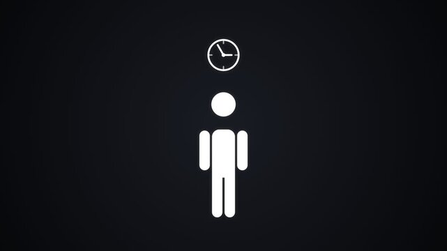 Stick figure standing while clock hands spin above head. 4K Video