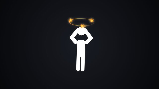 Stick figure character feeling dizzy with golden stars spinning. 4K Video