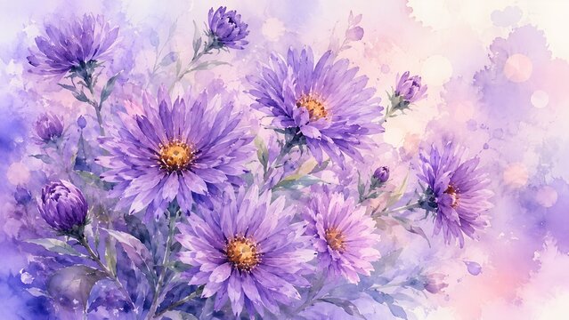 Soft Watercolor Field of Purple Asters on Pastel Background