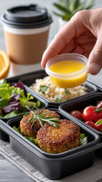 Hand adding dressing to a balanced vegetarian bento box for healthy office lunch, promoting mindful eating, freshness, nutrient rich meals, and sustainable food choices