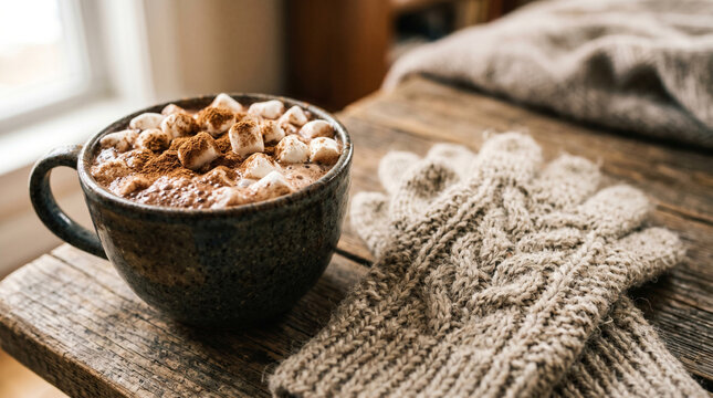 Artisanal hot chocolate topped with cinnamon and marshmallows beside hand-knitted wool gloves