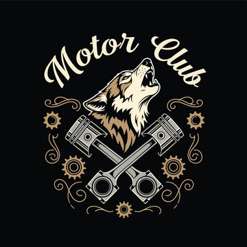 Motor Club emblem featuring a howling wolf head with crossed engine pistons.