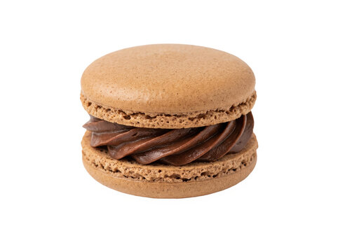 Single delicious chocolate macaron cookie with creamy filling isolated isolated on transparent background