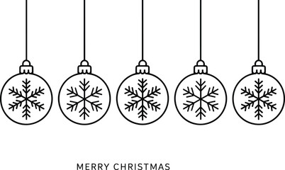 Merry Christmas minimalist background with hanging baubles ornaments featuring snowflake design black line art vector greeting card illustration © Yesrath Hasan