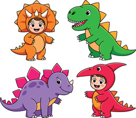 Cute Kids in Dinosaur Costume Vector Set with Triceratops, T-Rex, Stegosaurus and Pterodactyl Cartoon Characters, Colorful Illustration for Children and Halloween Design © MstLaily
