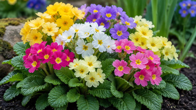 Arbustos y plantas de primavera con flores de primavera (pr&iacute;mulas).
