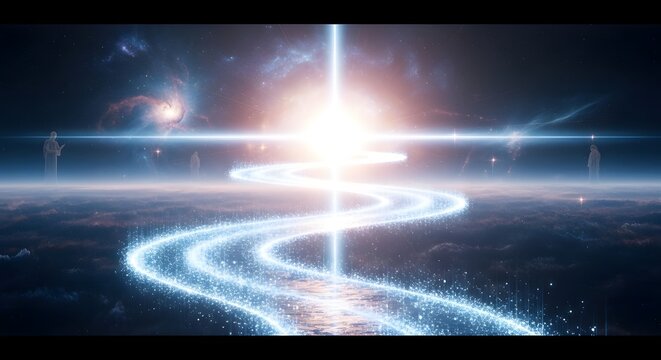 Cosmic path of light leading towards a bright star in the galaxy with milky way universe abstract astronomy celestial infinity